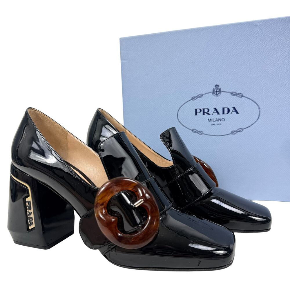 New Prada Patent Leather Amber Buckle Heeled Loafers Black Size 39 - Picture 2 of 10